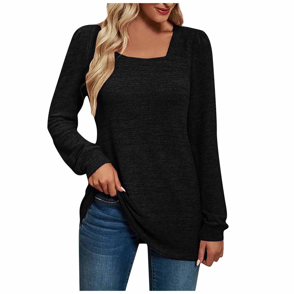 Women's Color U-Neck Ruffled Long Sleeve Casual Puff Sleeve Bottoming Shirt
