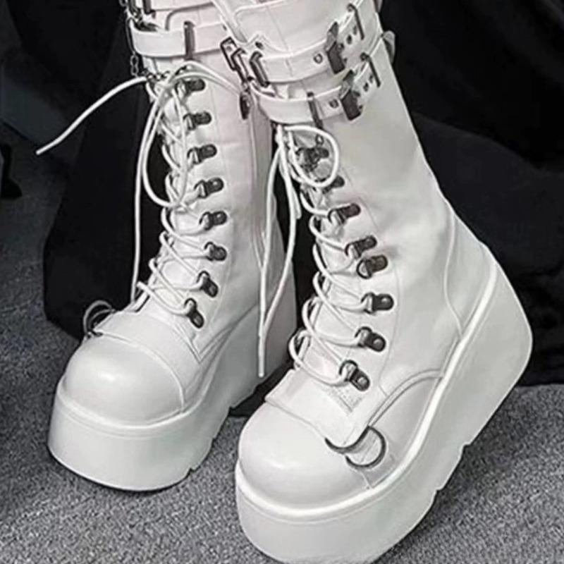Fashion Platform Boots High Cut Women's Boots Punk Style Spicy Girl Motorcycle Knight Boot Fashionable Leather Buckle Strap Wedge Boots