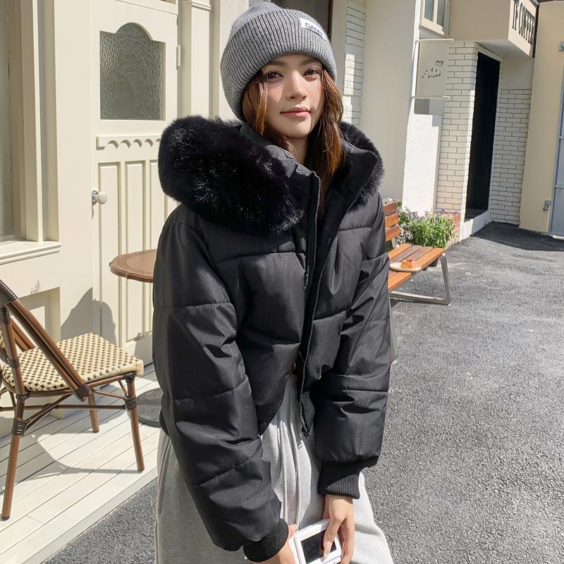 

Модные зимние куртки женские короткие парки с капюшоном воротник из искусственного меха свободные толстые теплые женские пальто L чёрный