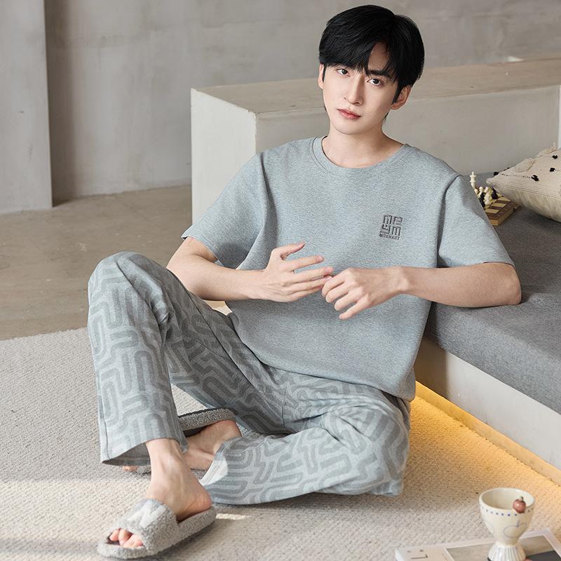 100% cotton round neck short sleeves trousers pajamas men's summer high sense Internet celebrity casual men's loungewear suit
