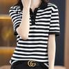 Ice Silk Striped Knitted Short-sleeved T-shirt for Women In Summer New POLO Collar Age-reducing Top Half-sleeved College Style