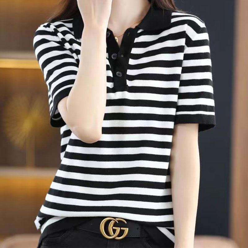 Ice Silk Striped Knitted Short-sleeved T-shirt for Women In Summer New POLO Collar Age-reducing Top Half-sleeved College Style
