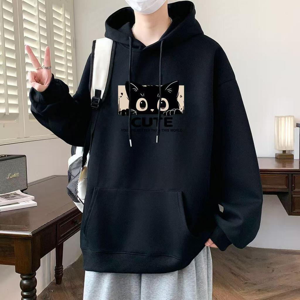 Unisex Thickened Fleece-Lined Cotton Hoodie with Kitten Print - Loose Fit for Autumn/Winter
