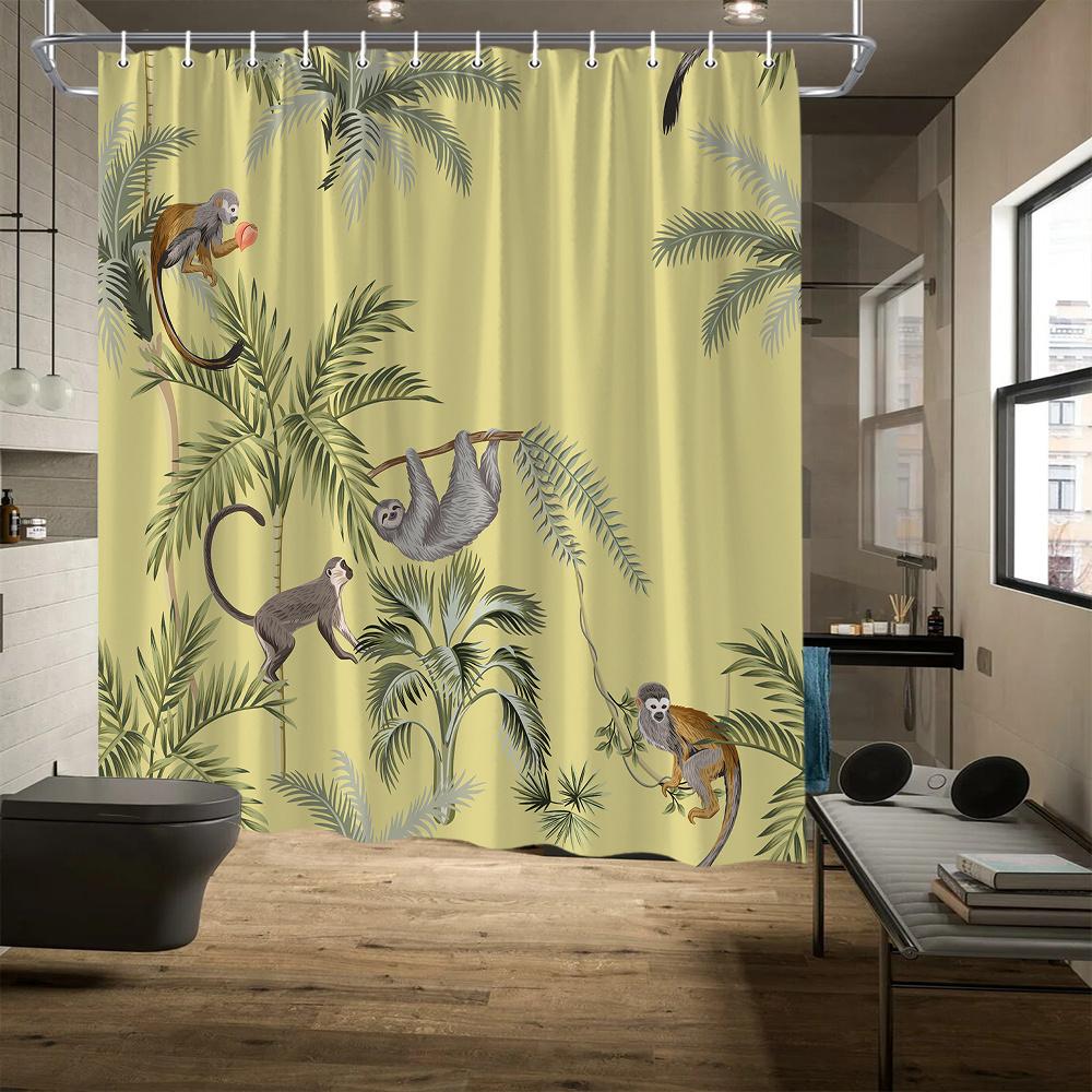 Tropical Rainforest Shower Curtain, Animal & Leaf Pattern, HD Print, Countryside Style, Home/Bath Decor
