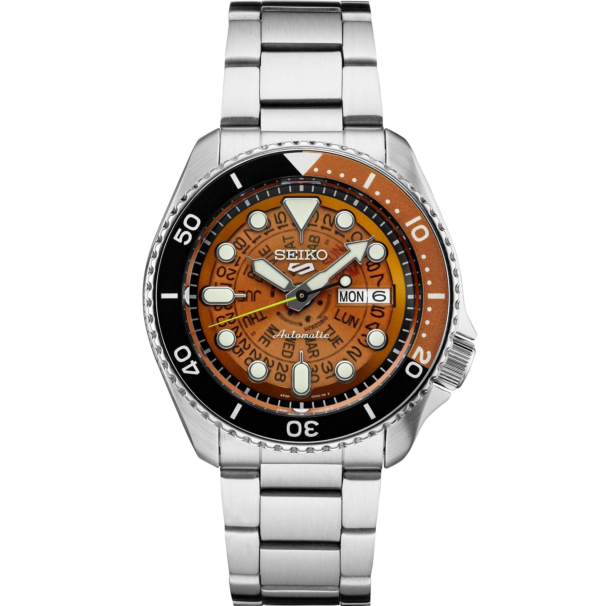 

SEIKO Automatic Men s Watch - 5 Sports Collection - Day/Date, LumiBrite Hands & Markers, Rotating Bezel, 100m Water Resistant, Orange Dial - SRPJ47