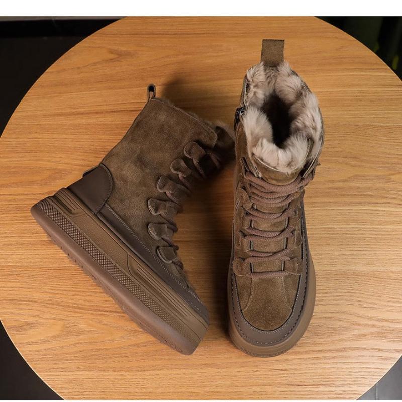 Fashion British Style Winter Nubuck Snow Boots Women's Thick Sole Plush Fur Warm Shoes Round Head Cross-tied Short Ankle Booties