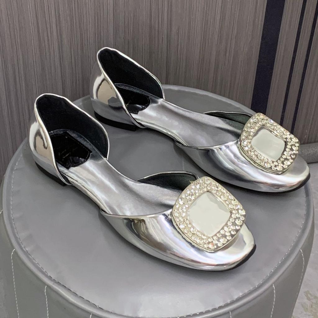 Spot Second Hair! Grape Mother Same Shoe Temperament Rhinestone Square Buckle Silk Hollow Round Head Commuting Flat Sole Shoes Women
