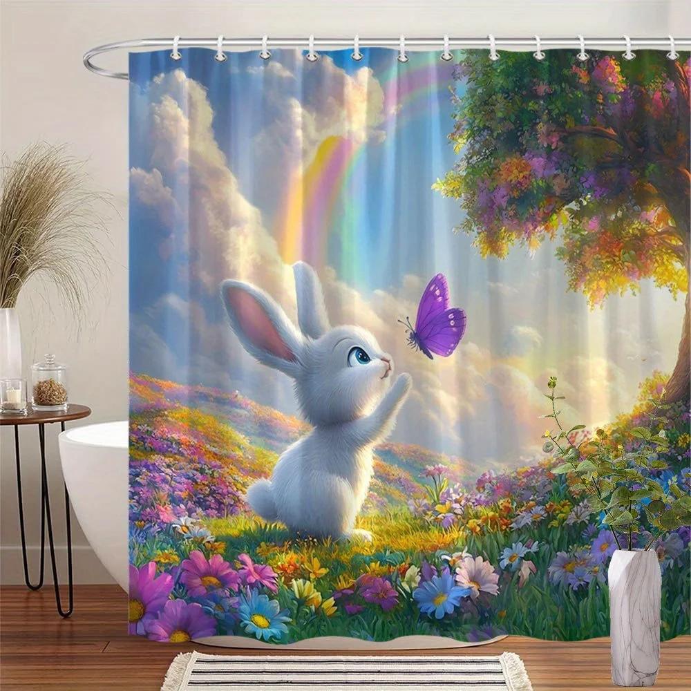 

White Bunny Curtain - Meadow Scene, Blue Eyes, Pink Ears, Flowers & Rainbow, Soft Style, Machine Washable, 12 Hooks W60H190(CM)-1 Pcs