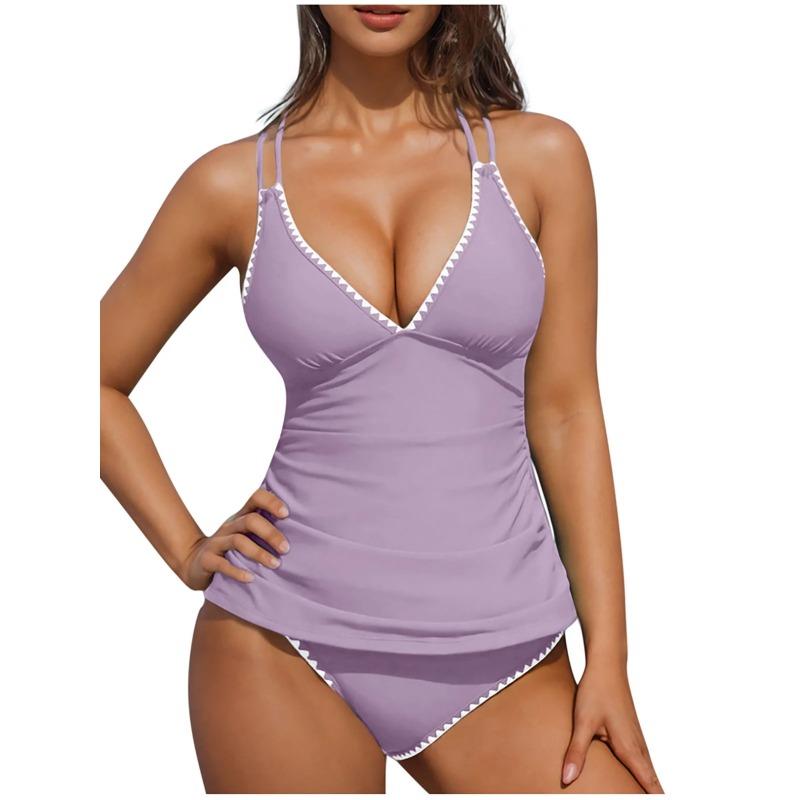 S - XXL Neu 10 Farben V-Ausschnitt Tankini Bikini Damen Bademode Weiblicher Badeanzug Zweiteiliger Bikini-Set Badegast Badeanzug Schwimmen K6770
