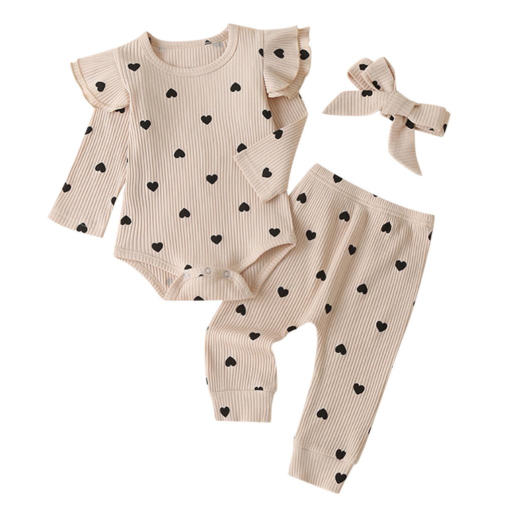 Toddler Kids Baby Girls Heart Print Wzburzyć Romper + Spodnie + Opaski Stroje