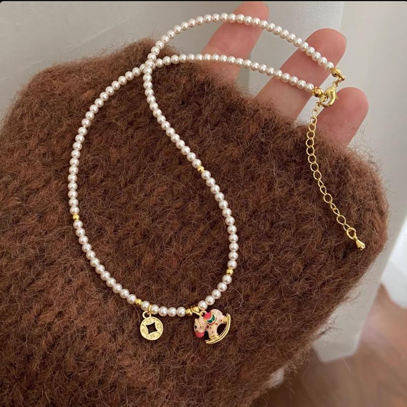 Медная монета с лошадкой Жемчужное ожерелье - Модный и Уникальный Дизайн для Женщин - Жемчужное ожерелье на шею для Богатства