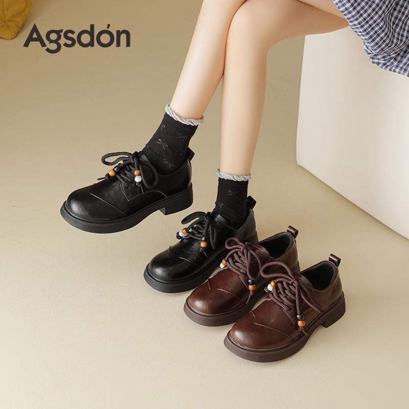 Augusdon Women's Black Lace-up Loafers, British Style, Thick Sole, Autumn 2025 Collection.