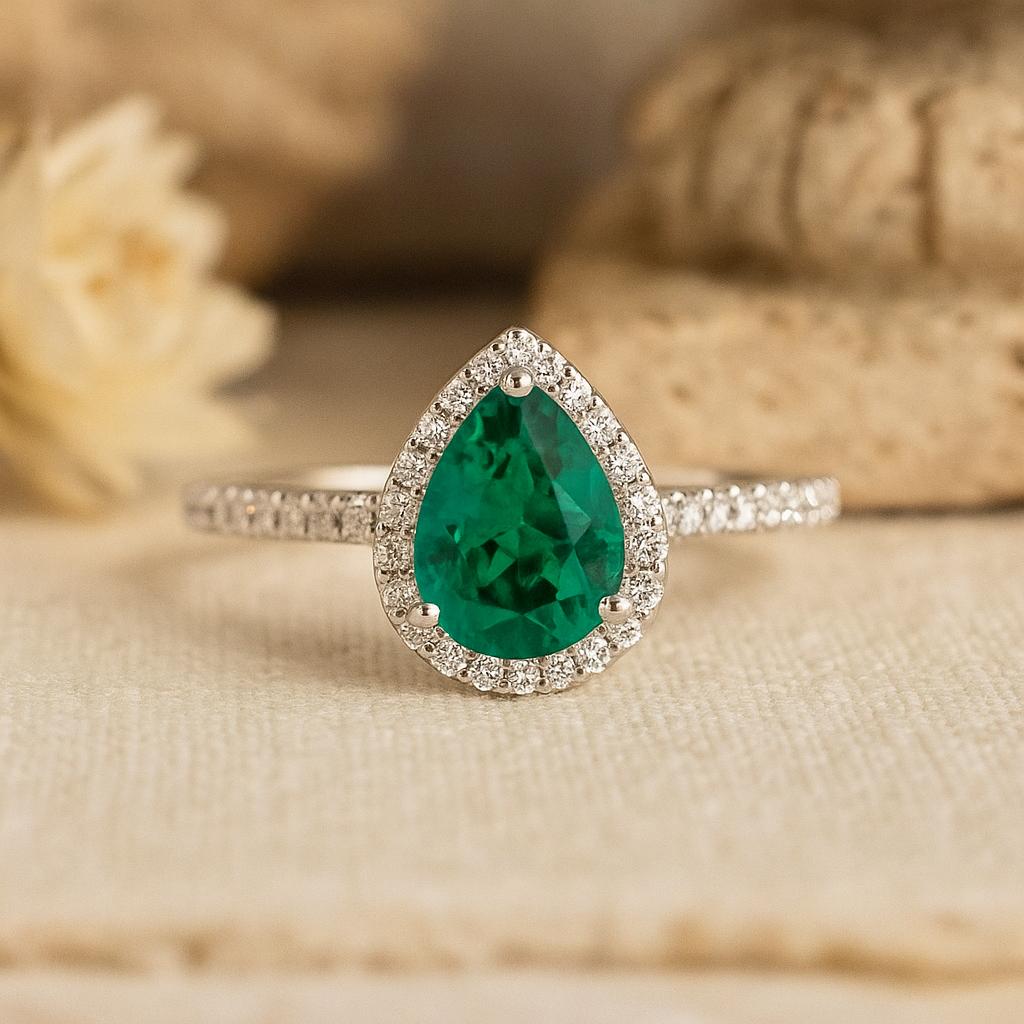 Pear Cut Green CZ Ring, White Gold Plated Silver, Halo Engagement Ring with Side Stones for Women