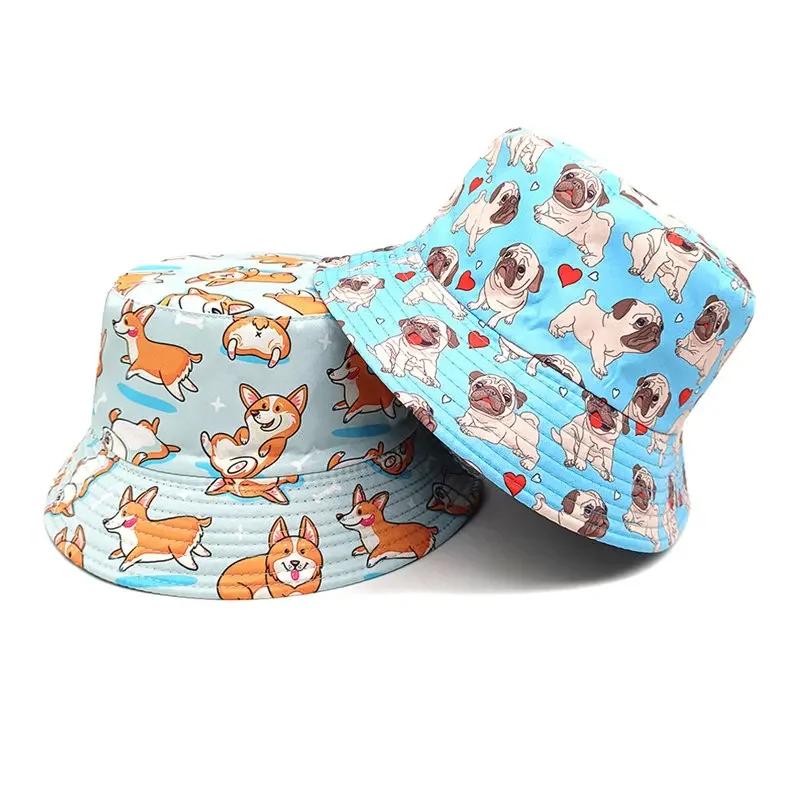 Frühling und Sommer Polyester Cartoon Hund Druck Eimerhut Fischerhut Outdoor Reise Sonnenschutzmütze für Männer und Frauen 207