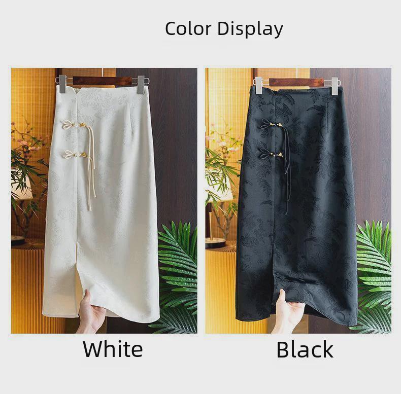 Retro Chinese-Style High-Waist Jacquard Skirt with Beaded Buttons & Hip Slit for Women - Spring/Summer Collection