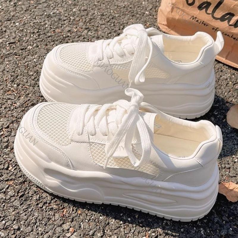 Fashion New Summer Round-toe Lace-up Casual White Thick-soled Vulcanized Shoes Comfortable Flat-soled Fashion Mesh Sneakers for Women