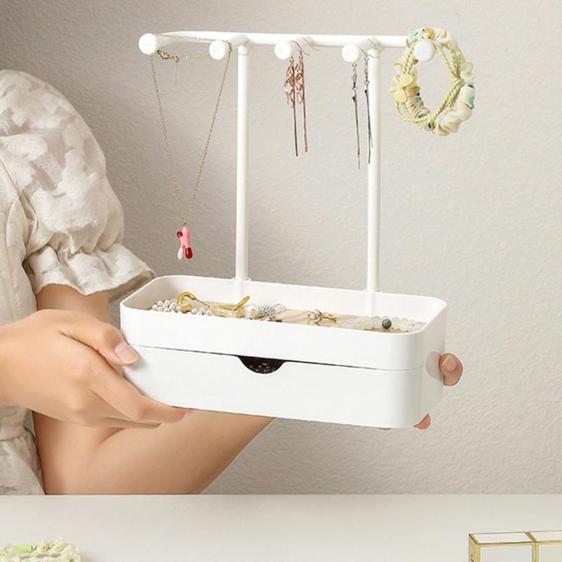 Portable Jewelry Stand With Tray and Hook Stylish Necklace Storage Shelves Jewelry Holder with Drawer for Accessories