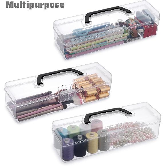 BTSKY 3 Pack Long Plastic Pencil Box Portable Clear Home Utility Boxes with Black Handle Stationery Storage Organizer Painting Tool Storage Container