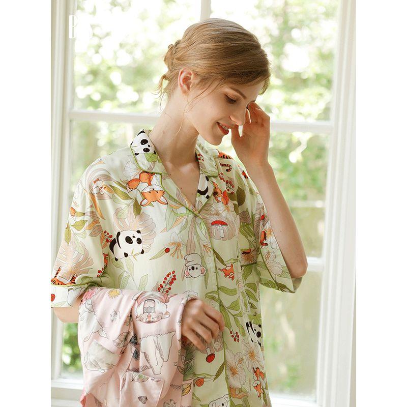 2024 Summer Jungle Party Tribute Satin Cotton Silk Pajamas Women Thin Short sleeve Shorts Cute Outer Wear Homewear
