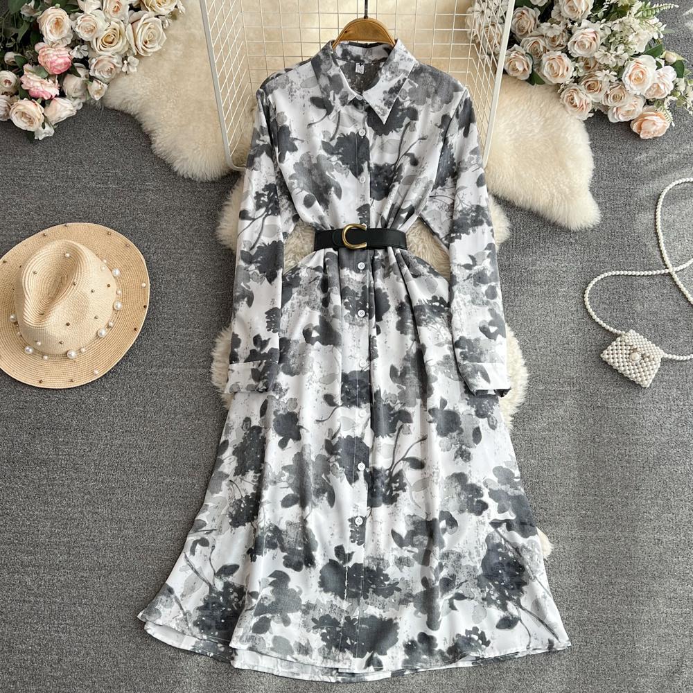 Nowa jesienna moda damska sukienka z kwiatowym nadrukiem skręcić w dół kołnierz z długim rękawem jednorzędowa linia w stylu vintage Midi sukienki imprezowe