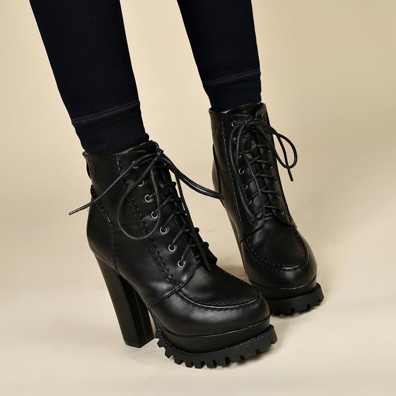 19-2 high heels thick heel short boots 10CM autumn and winter new waterproof platform thick-soled Martin boots front lace-up non-slip women's boots