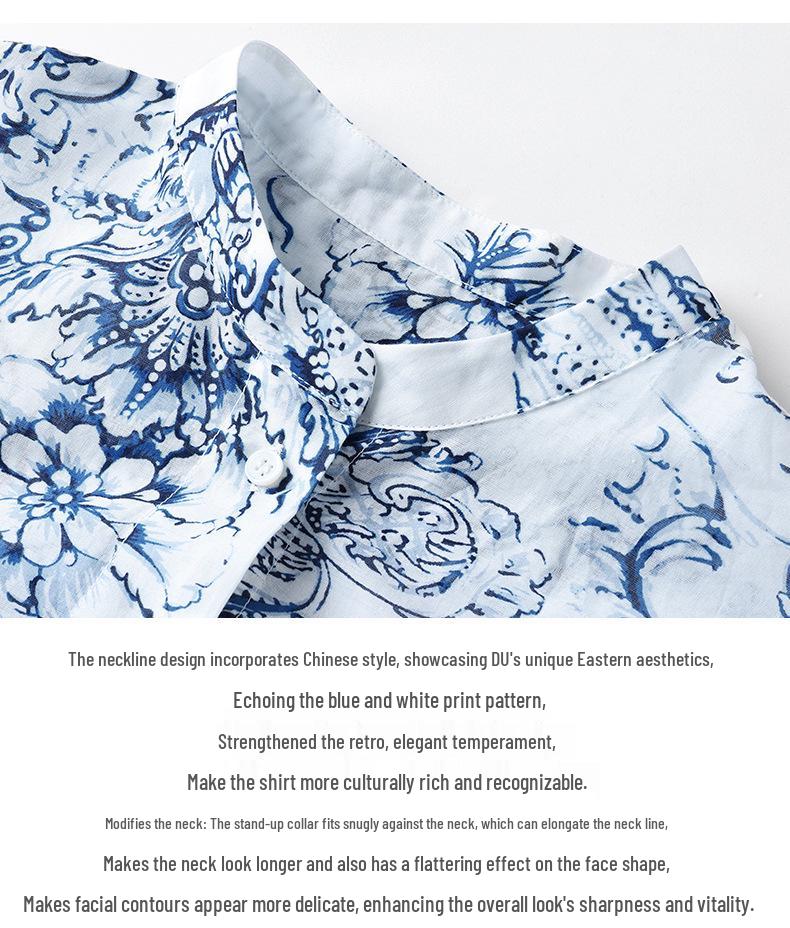 2026 Spring Women's Blue & White Porcelain Stand Collar Long Sleeve Shirt, Chinese Style, Slim Fit, Pure Cotton
