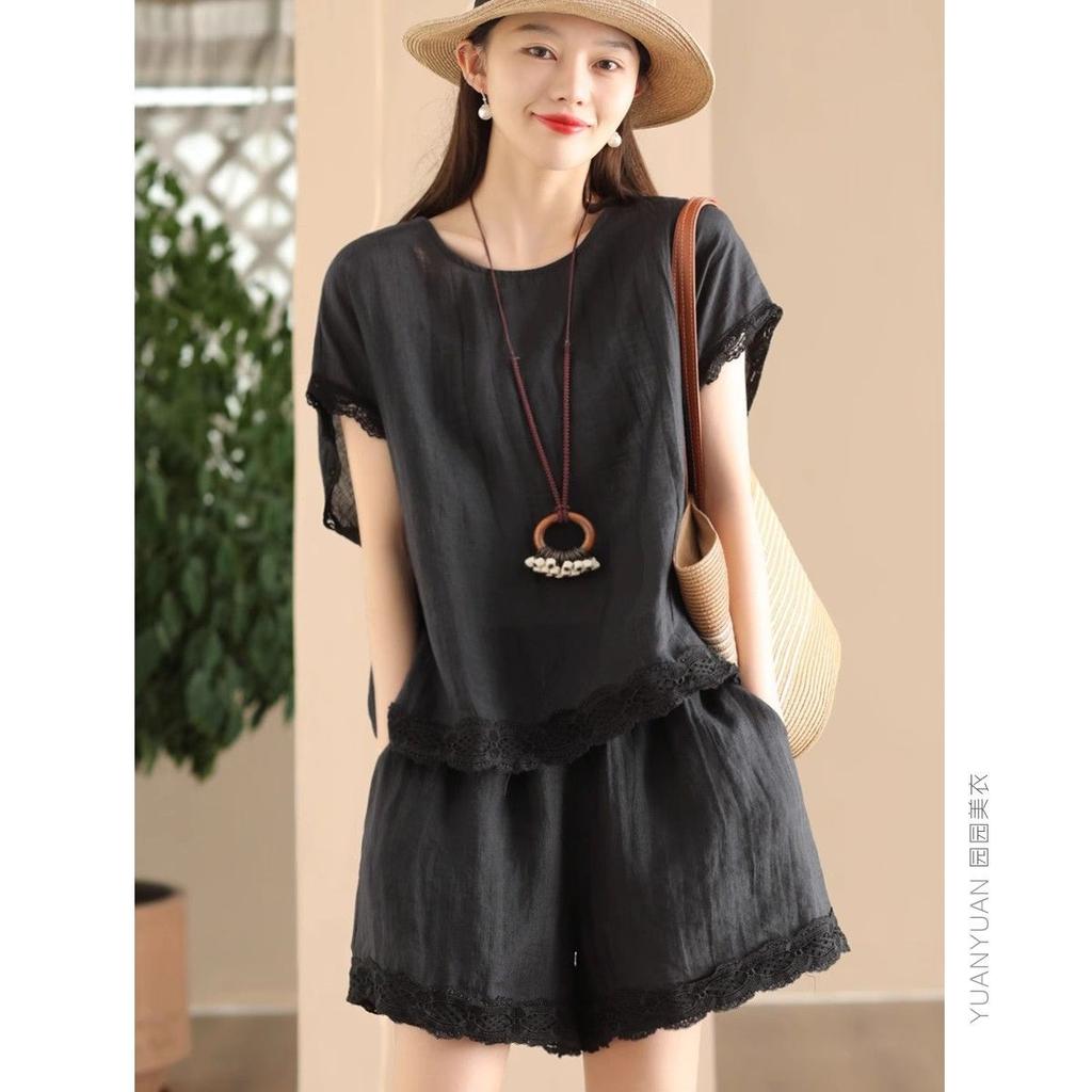 Cotton Linen Lace Trim Set Women's Skirt Suit Ensemble Elastic Material Made in China Versatile Fashionable Ladies Outfit