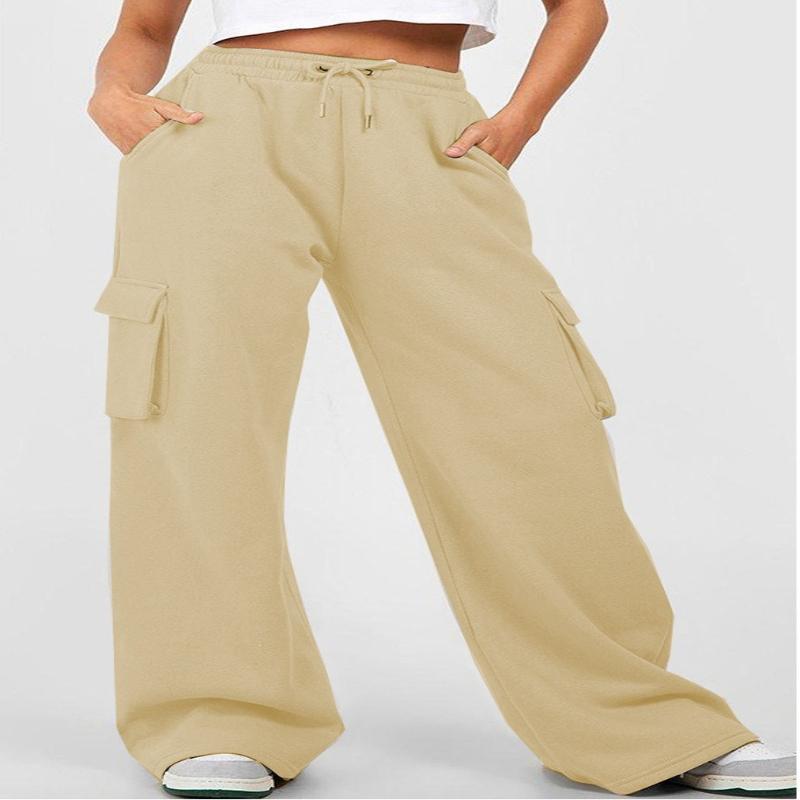 Women's Solid Color Drawstring High Waist Cargo Pocket Wide Leg Sweatpants Casual Loose Fit Sport Trousers