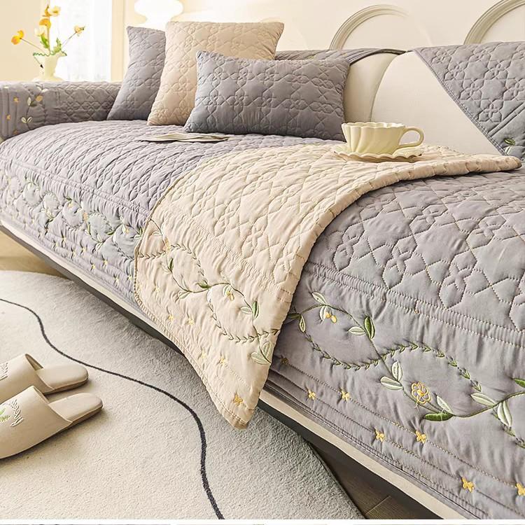 Washable Cotton Embroidered Sofa Cushion Slipcover, Modern Non-Slip Couch Cover Protector