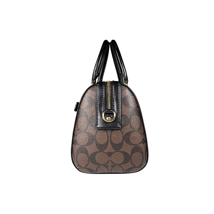 COACH Rowan Coated Canvas With Smooth Leather Boston Bag, Handbag, Shoulder Bag, Crossbody Bag Large Women's Dark Brown 83607-IMAA8