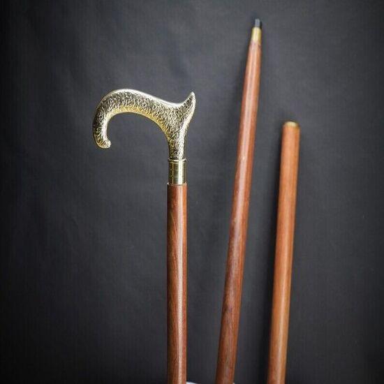 Antique Style Victorian Vintage Designer Brass Handle Cane Wooden Walking Stick