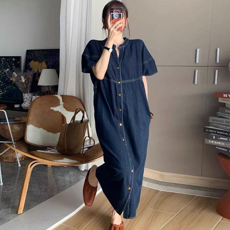 

Hong Kong Style Retro Fashion V Neck Summer Fashion Single-Breasted Accessible Luxury Loose Casual Short Sleeve Mid Length Long Length Denim Dress Deep Blue L