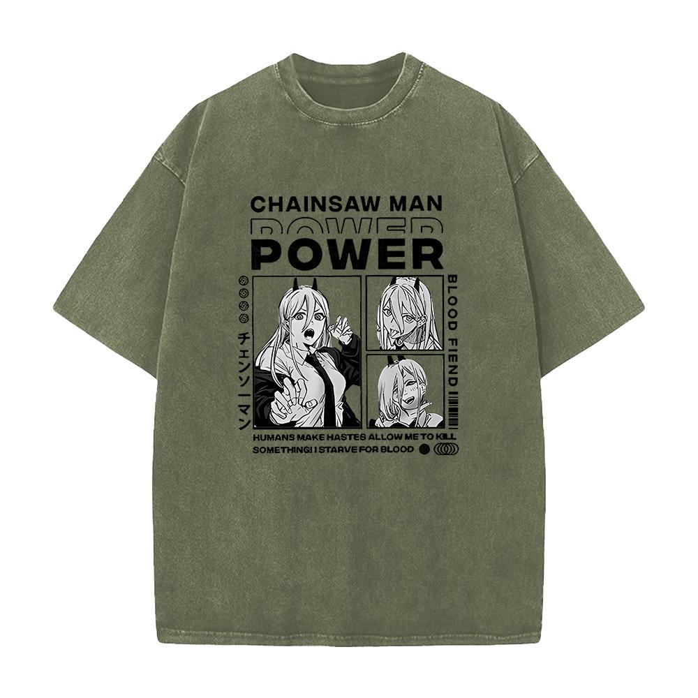 Anime Chainsaw Man Power Print Tee Men Women Plus Size Tshirts Manga Washed Cotton T Shirt Harajuku Unisex Comfortable Tshirt