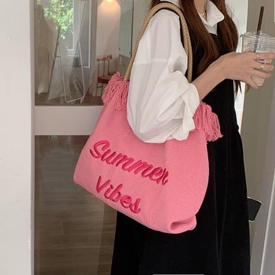 Tassel Canvas Large Capacity Tote Bag Girl Pink Canvas Bag Women's Summer Tote Bag Shoulder College Student Commuter Bag