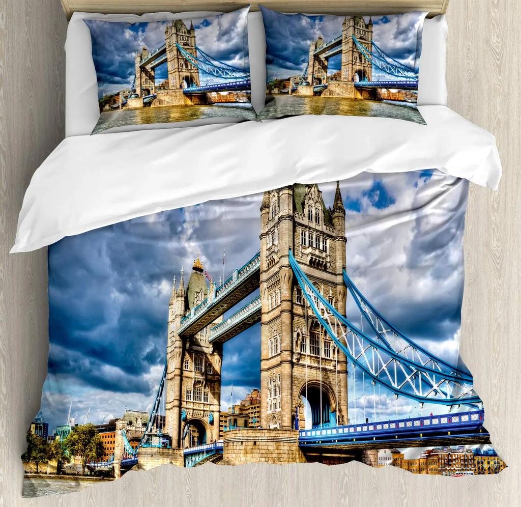 London's Clocks Trams Bridges Bedding Set London Duvet Cover Set London Telephone Booth In The Street Traditional Local Cultural