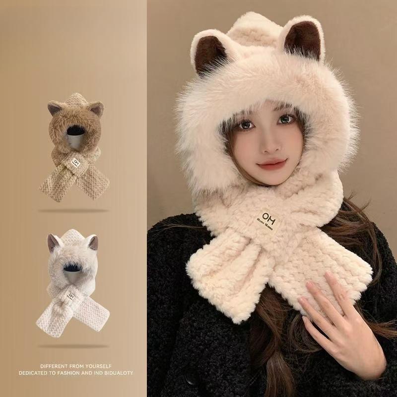 Bonito Sombrero de Peluche con Orejas de Zorro Bufanda Integrada para Mujer Invierno Protección de Orejas Sombrero Cálido Bufanda de Estudiante Frío y a Prueba de Viento