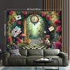 2D Fantasy Wonderland Forest Tapestry Alice Theme with Mushrooms & Cards Wall Hanging
