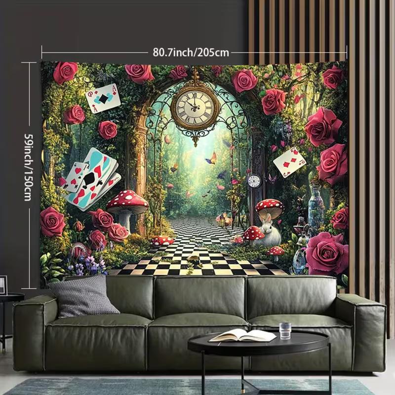 2D Fantasy Wonderland Forest Tapestry Alice Theme with Mushrooms & Cards Wall Hanging