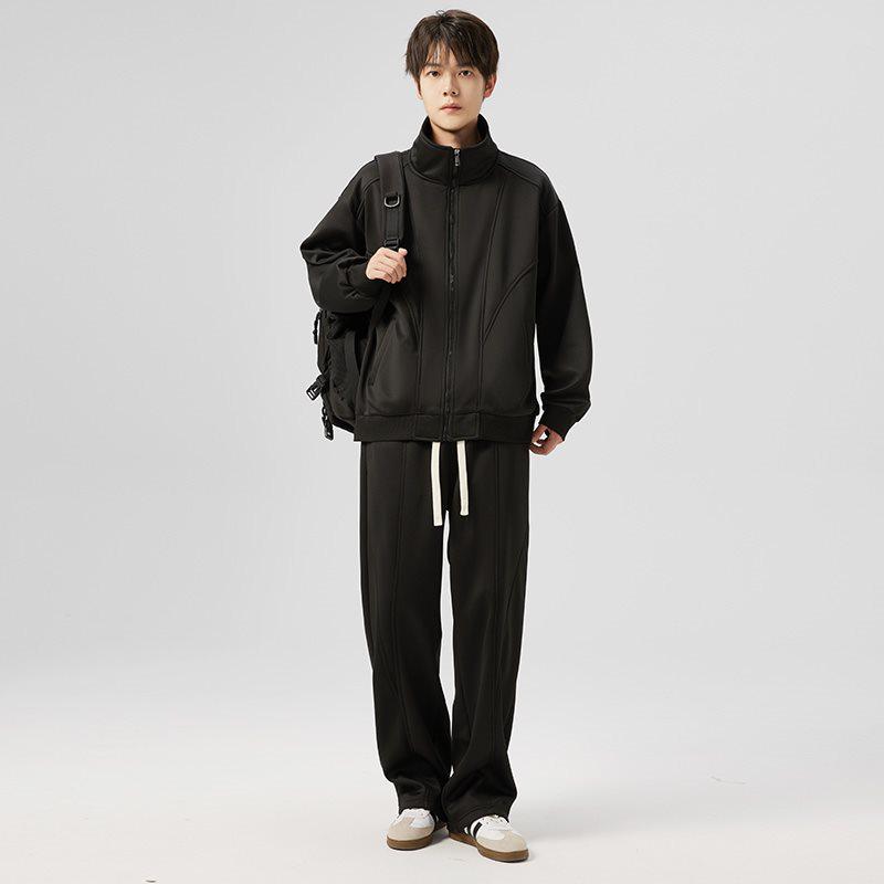 Men s High-Quality Autumn/Winter Thin Casual Sports Set: Stand-Up Collar Hoodie Pants Large чёрный