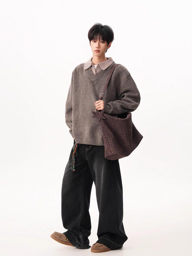 Vintage Style V-Neck Faux Two-Piece Men's Winter Sweater - Trendy Loose Knit Polo