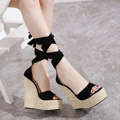Damen Sandalen Damenschuhe Stoff Einfarbig Keilabsatz Runde Form Dicke Sohle Erhöhen Römisch Plateau