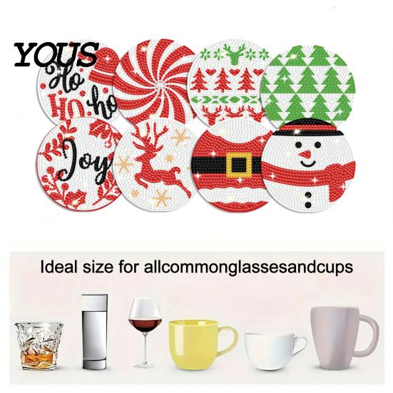 Faux Diamond Art Crafts Coasters Kit, 8 Christmas Round DIY Kit Craft Activities for Family with Holder, Wooden Heat Insulation Pads Drinks
