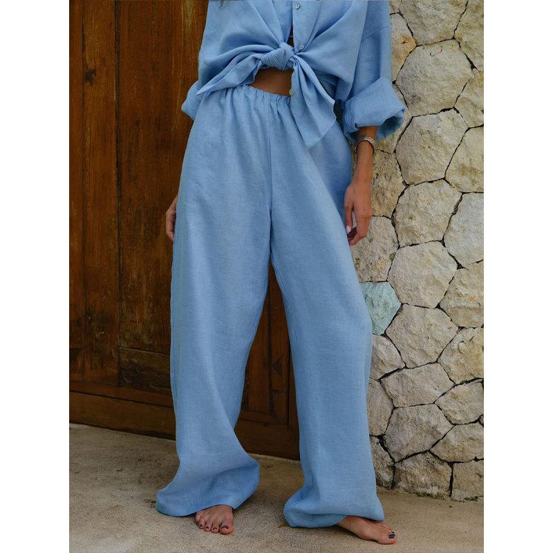 Tooxika Ladies Nova Camisa Solta de Algodão + Conjunto de Calças Largas