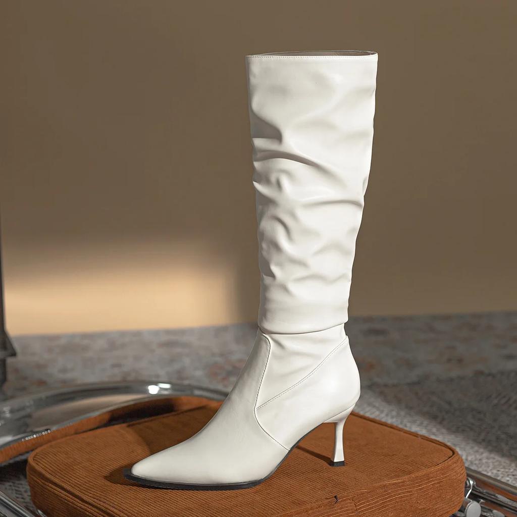 High Heeled Boots Women Knee High Wrinkled Boots High Top Retro Womens Boots Autumn and Winter with Plush Fine Heels Women