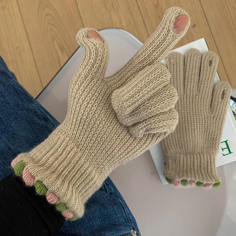 Autumn And Winter  Wool Knitted Gloves Fingerless Women'S Solid Color Warm Windproof Cycling Gloves With Touch Screen