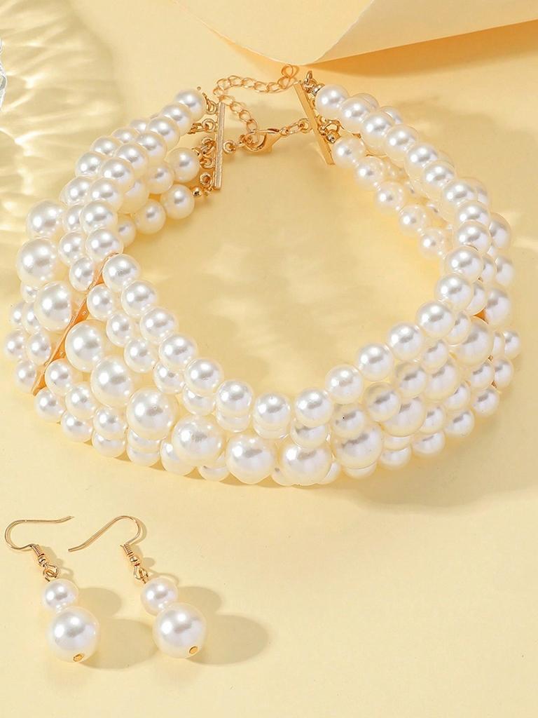 New Trendy Zircon Set For Women Elegant Charm Multi-layer Imitation Pearl Choker Necklace And Earrings Neck Accessories