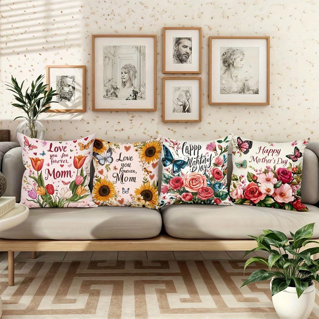 Mothers Day Floral Butterfly Pillow Cover Decorative Cushion Cover Soft Comfortable For Sofa Living Room Bedroom Home Decor Gift