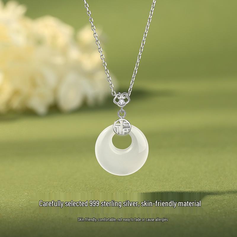 Tichiya Pure Silver Peace Buckle Necklace for Women - Chinese Style White Agate Pendant on Clavicle Chain Pure Silver
