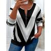 Plus Size Women's V-Neck Geometric Striped Long Sleeve Top with Zipper Detail for Chic and Modern Style