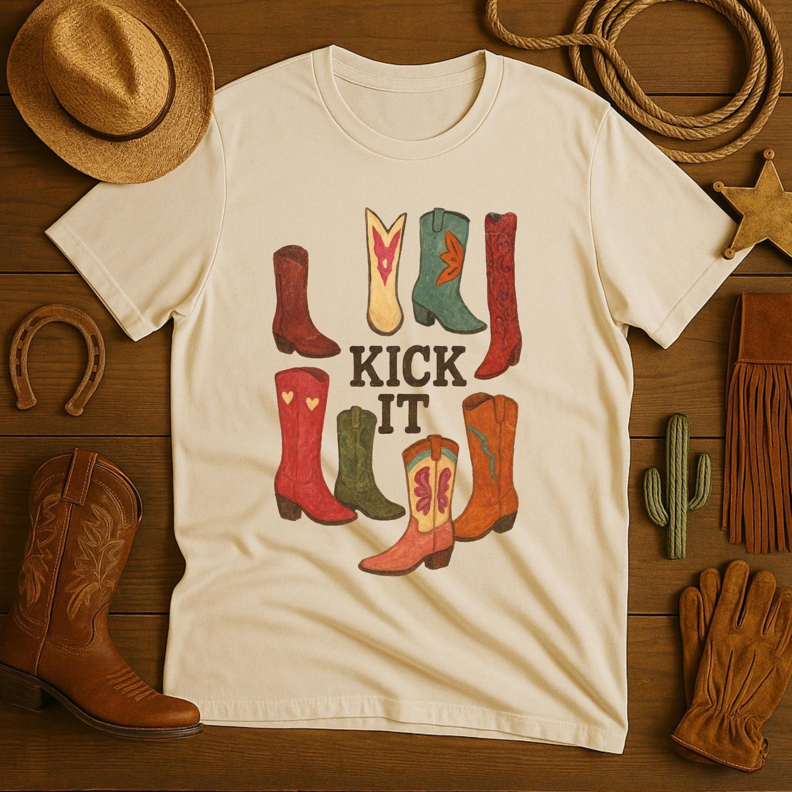 Kick It Cowboy Boots Retro Western Tee | Colorful Cowgirl Shirt L